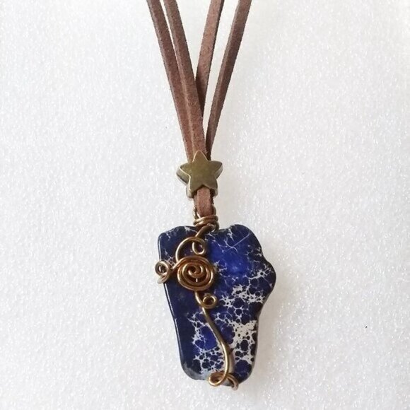 Wire Wrapped Dark Blue Sea Sediment Jasper Pendant! Faux Suede Cord + Star ~ 19" - Picture 7 of 10